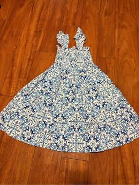Hill House Kids Blue and White Smocked Tile-Print Sundress